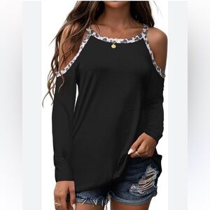Jersey Knit Cold Shoulder Top with Leopard Trim